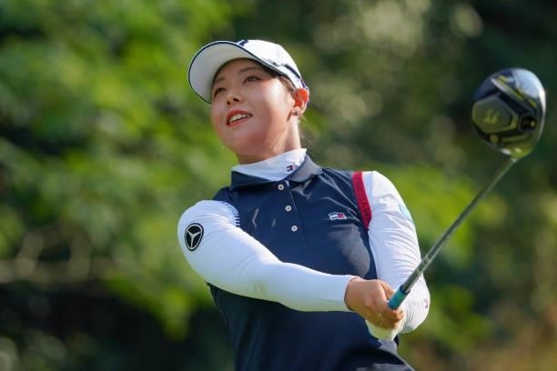 Yuri Yoshida of Japan hits her tee shot on the 18th hole during the second round of Rakuten Super Ladies at Tokyu Grand Oak Golf Club on July 30,...