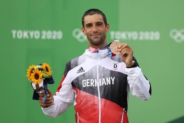 Bronze medalist Hannes Aigner of Team Germany poses with his medal following the Men's Kayak Slalom Final on day seven of the Tokyo 2020 Olympic...