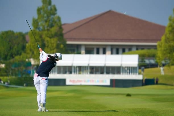 Yuri Yoshida of Japan hits her second shot on the 18th hole during the second round of Rakuten Super Ladies at Tokyu Grand Oak Golf Club on July 30,...