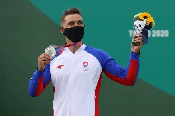 Silver medalist Jakub Grigar of Team Slovakia celebrates at the medal ceremony following the Men's Kayak Slalom Final on day seven of the Tokyo 2020...