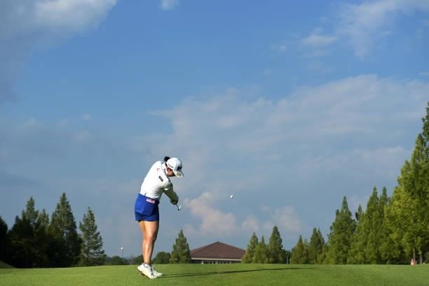 Sakura Koiwai of Japan hits her second shot on the 18th hole during the second round of Rakuten Super Ladies at Tokyu Grand Oak Golf Club on July 30,...