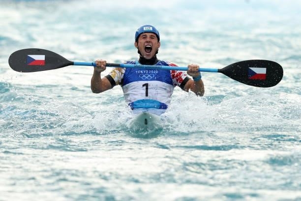 Jiri Prskavec of Team Czech Republic reacts after his run in the Men's Kayak Slalom Final on day seven of the Tokyo 2020 Olympic Games at Kasai Canoe...