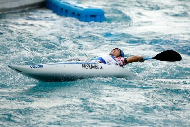Jiri Prskavec of Team Czech Republic reacts after his run in the Men's Kayak Slalom Final on day seven of the Tokyo 2020 Olympic Games at Kasai Canoe...