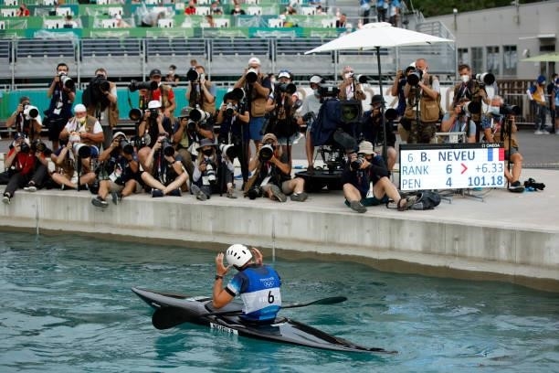 Boris Neveu of Team France reacts after his run in the Men's Kayak Slalom Final on day seven of the Tokyo 2020 Olympic Games at Kasai Canoe Slalom...