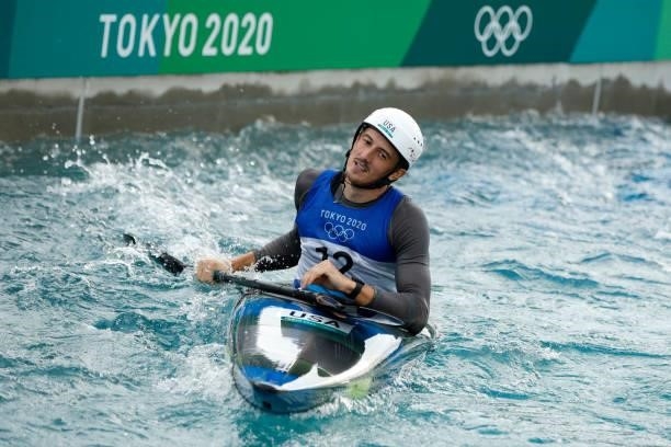 Michal Smolen of Team United States reacts after his run in the Men's Kayak Slalom Final on day seven of the Tokyo 2020 Olympic Games at Kasai Canoe...