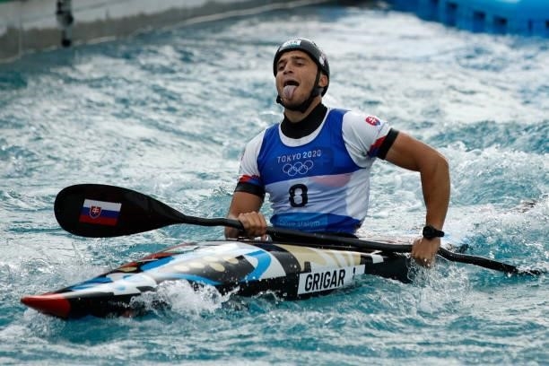 Jakub Grigar of Team Slovakia reacts after his run in the Men's Kayak Slalom Final on day seven of the Tokyo 2020 Olympic Games at Kasai Canoe Slalom...