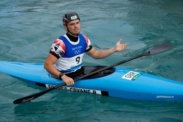 Bradley Forbes-Cryans of Team Great Britain reacts after his run in the Men's Kayak Slalom Final on day seven of the Tokyo 2020 Olympic Games at...