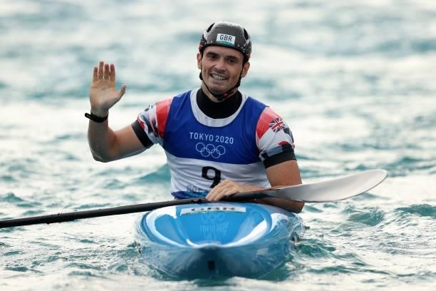 Bradley Forbes-Cryans of Team Great Britain reacts after his run in the Men's Kayak Slalom Final on day seven of the Tokyo 2020 Olympic Games at...