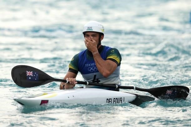 Lucien Delfour of Team Australia reacts after his run in the Men's Kayak Slalom Final on day seven of the Tokyo 2020 Olympic Games at Kasai Canoe...