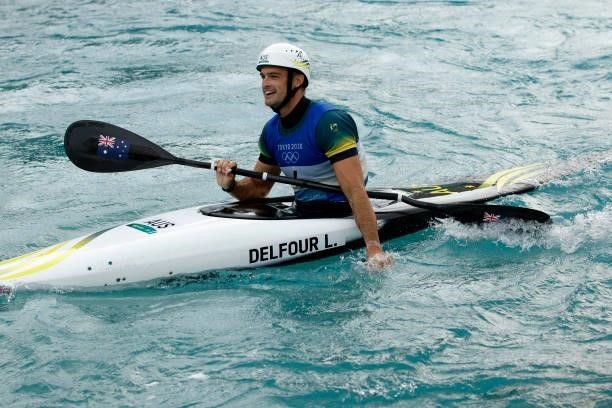 Lucien Delfour of Team Australia reacts after his run in the Men's Kayak Slalom Final on day seven of the Tokyo 2020 Olympic Games at Kasai Canoe...