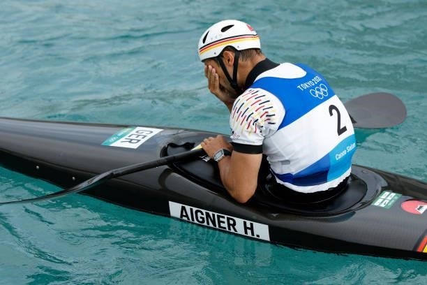 Hannes Aigner of Team Germany reacts after his run in the Men's Kayak Slalom Final on day seven of the Tokyo 2020 Olympic Games at Kasai Canoe Slalom...