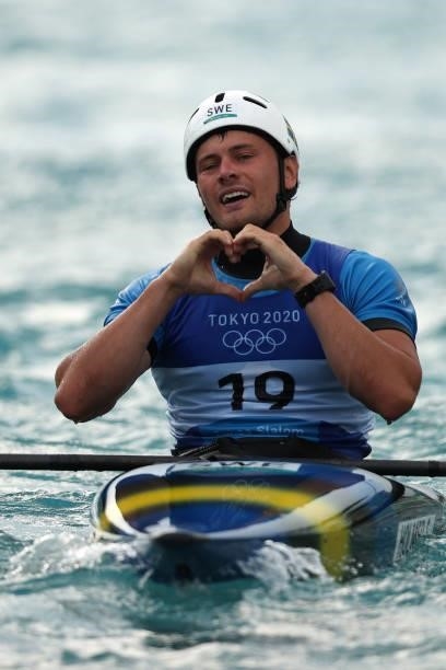 Erik Holmer of Team Sweden reacts after his run in the Men's Kayak Slalom Final on day seven of the Tokyo 2020 Olympic Games at Kasai Canoe Slalom...