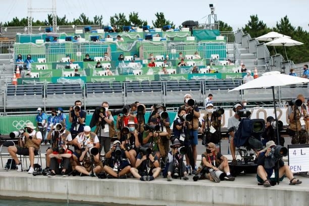 Members of the media attend the Men's Kayak Slalom Final on day seven of the Tokyo 2020 Olympic Games at Kasai Canoe Slalom Centre on July 30, 2021...