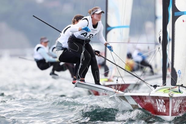 Victoria Travascio and Maria Sol Branz of Team Argentina compete in the Women's Skiff 49er class on day seven of the Tokyo 2020 Olympic Games at...