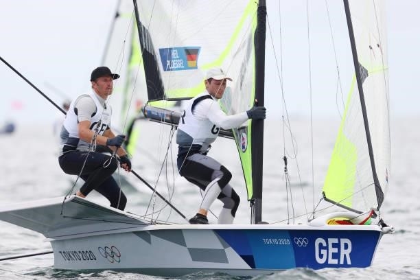 Erik Heil and Thomas Ploessel of Team Germany compete in the Men's Skiff 49er class on day seven of the Tokyo 2020 Olympic Games at Enoshima Yacht...