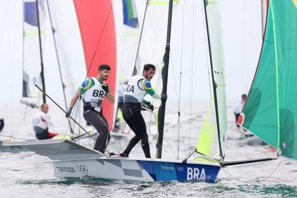 Marco Grael and Gabriel Borges of Team Brazil compete in the Men's Skiff 49er class on day seven of the Tokyo 2020 Olympic Games at Enoshima Yacht...
