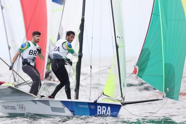 Marco Grael and Gabriel Borges of Team Brazil compete in the Men's Skiff 49er class on day seven of the Tokyo 2020 Olympic Games at Enoshima Yacht...