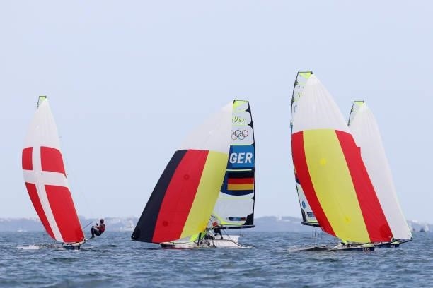 Men's Skiff 49er class race gets underway on day seven of the Tokyo 2020 Olympic Games at Enoshima Yacht Harbour on July 30, 2021 in Fujisawa,...