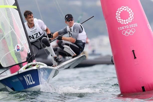 Peter Burling and Blair Tuke of Team New Zealand compete in the Men's Skiff 49er class on day seven of the Tokyo 2020 Olympic Games at Enoshima Yacht...