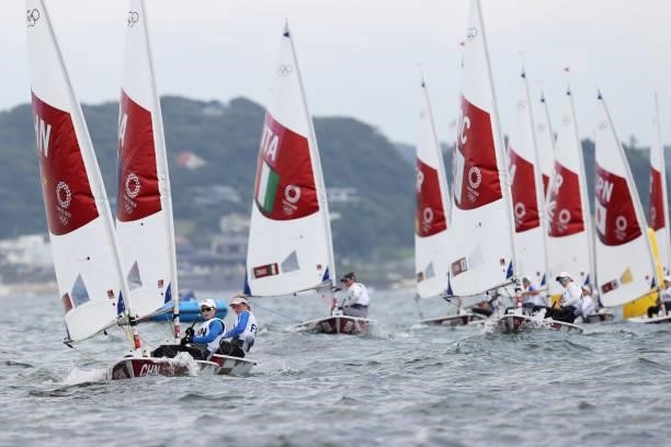 Women's Laser Radial class gets underway on day seven of the Tokyo 2020 Olympic Games at Enoshima Yacht Harbour on July 30, 2021 in Fujisawa,...