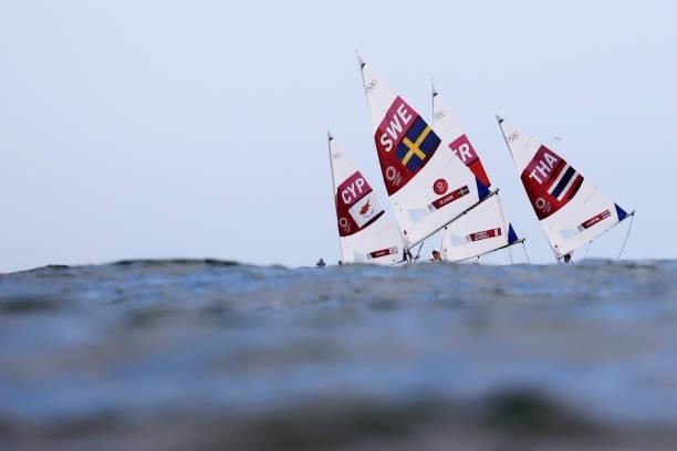 Women's Laser Radial class gets underway on day seven of the Tokyo 2020 Olympic Games at Enoshima Yacht Harbour on July 30, 2021 in Fujisawa,...