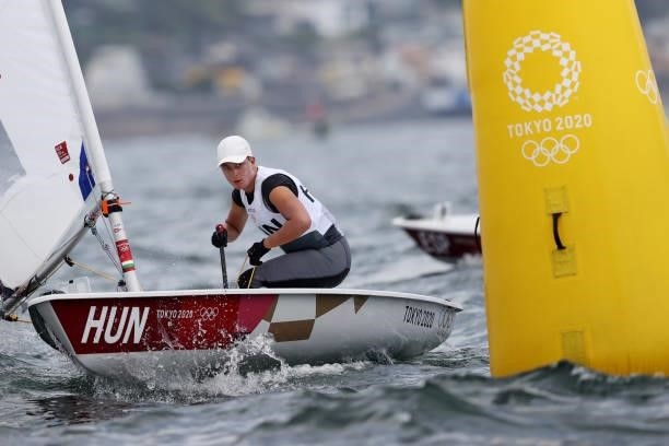 Maria Erdi of Team Hungary competes in the Women's Laser Radial class on day seven of the Tokyo 2020 Olympic Games at Enoshima Yacht Harbour on July...