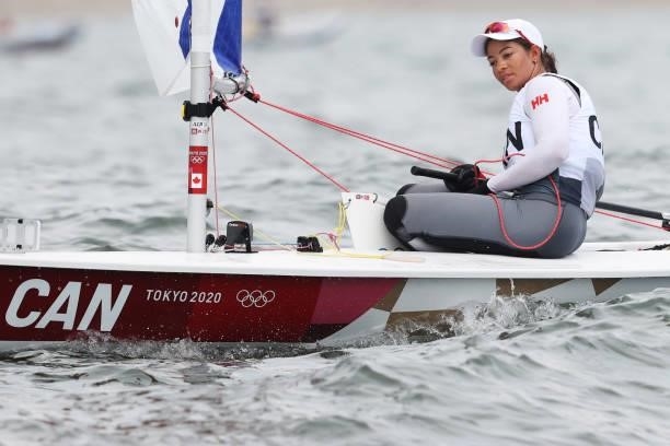 Sarah Douglas of Team Canada competes in the Women's Laser Radial class on day seven of the Tokyo 2020 Olympic Games at Enoshima Yacht Harbour on...