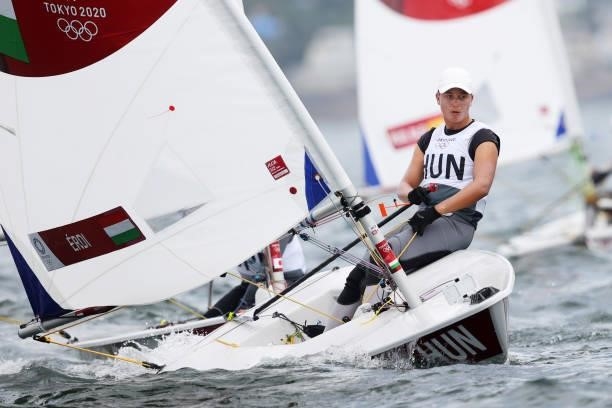 Maria Erdi of Team Hungary competes in the Women's Laser Radial class on day seven of the Tokyo 2020 Olympic Games at Enoshima Yacht Harbour on July...