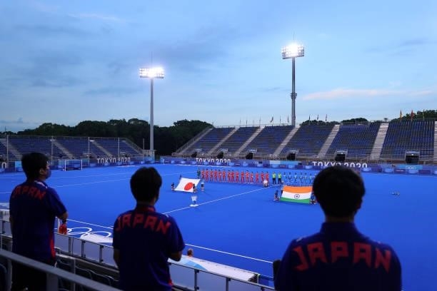 Players of both teams line up for their national anthems prior to the Men's Preliminary Pool A match between Japan and India on day seven of the...
