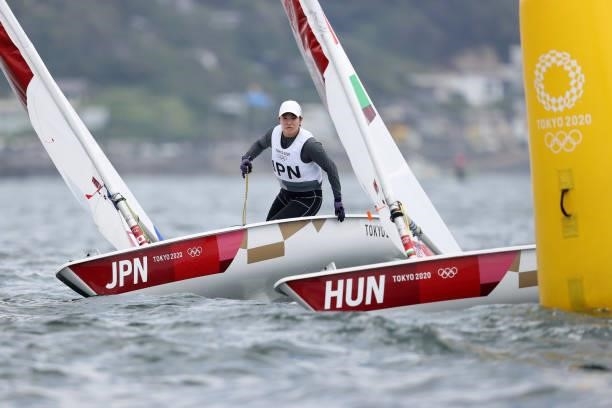 Manami Doi of Team Japan competes in the Women's Laser Radial class on day seven of the Tokyo 2020 Olympic Games at Enoshima Yacht Harbour on July...