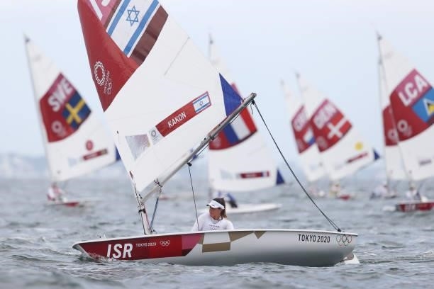 Shay Kakon of Team Israel competes in the Women's Laser Radial class on day seven of the Tokyo 2020 Olympic Games at Enoshima Yacht Harbour on July...