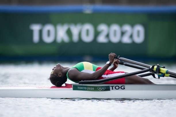 Claire Ayivon of Team Togo reacts after coming in first during the Women's Single Sculls Final F on day seven of the Tokyo 2020 Olympic Games at Sea...