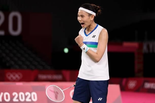 Tai Tzu-ying of Team Chinese Taipei reacts as she competes against Ratchanok Intanon of Team Thailand during a Women's Singles Quarterfinal match on...