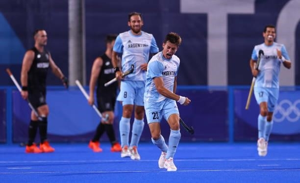 Lucas Martinez of Team Argentina celebrates after scoring their team's first goal during the Men's Preliminary Pool A match between Argentina and New...