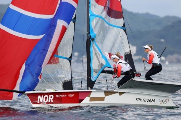 Helene Naess and Marie Roenningen of Team Norway compete in the Women's Skiff 49er class race on day seven of the Tokyo 2020 Olympic Games at...