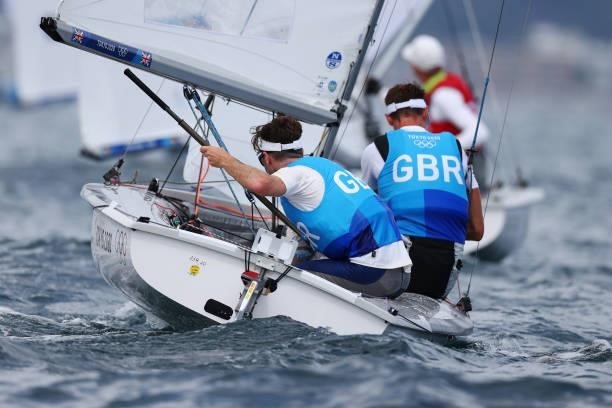 Luke Patience and Chris Grube of Team Great Britain compete in the Men's 470 class on day seven of the Tokyo 2020 Olympic Games at Enoshima Yacht...
