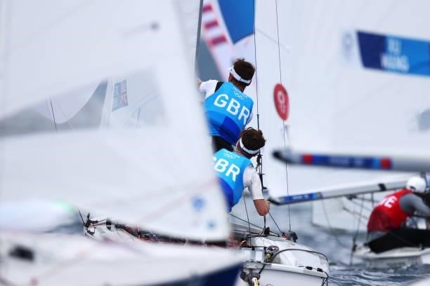 Luke Patience and Chris Grube of Team Great Britain compete in the Men's 470 class on day seven of the Tokyo 2020 Olympic Games at Enoshima Yacht...