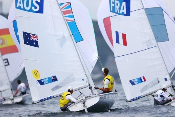Mathew Belcher and Will Ryan of Team Australia compete in the Men's 470 class on day seven of the Tokyo 2020 Olympic Games at Enoshima Yacht Harbour...