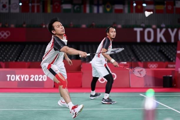 Mohammad Ahsan and Hendra Setiawan of Team Indonesia competes against Lee Yang and Wang Chi-lin of Team Chinese Taipei during a Men’s Doubles...