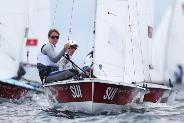 Linda Fahrni and Maja Siegenthaler of Team Switzerland compete in the Women's 470 class on day seven of the Tokyo 2020 Olympic Games at Enoshima...