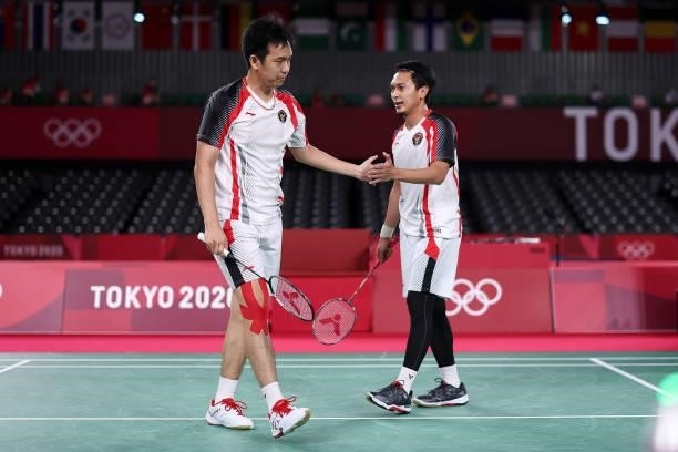 Mohammad Ahsan and Hendra Setiawan of Team Indonesia react as they competes against Lee Yang and Wang Chi-lin of Team Chinese Taipei during a Men’s...