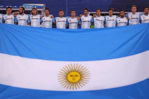 Argentina players line up for their national anthem prior to the Men's Preliminary Pool A match between Argentina and New Zealand on day seven of the...