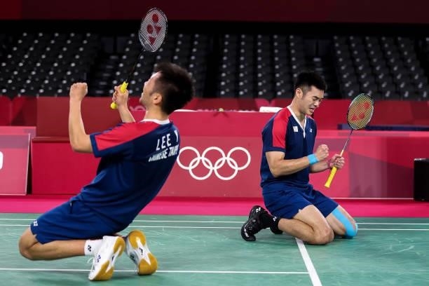 Lee Yang and Wang Chi-lin of Team Chinese Taipei celebrate as they win against Mohammad Ahsan and Hendra Setiawan of Team Indonesia during a Men’s...