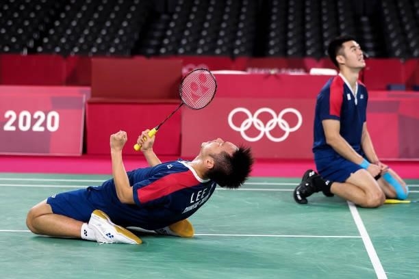 Lee Yang and Wang Chi-lin of Team Chinese Taipei celebrate as they win against Mohammad Ahsan and Hendra Setiawan of Team Indonesia during a Men’s...