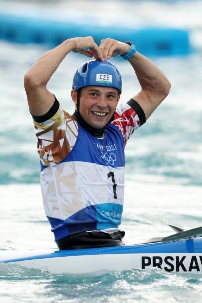 Jiri Prskavec of Team Czech Republic reacts after winning the gold medal in his run in the Men's Kayak Slalom Final on day seven of the Tokyo 2020...