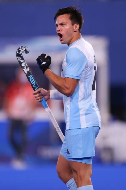 Nicolas Santiago Keenan of Team Argentina celebrates after scoring their team's fourth goal during the Men's Preliminary Pool A match between...