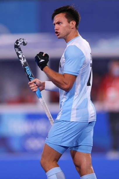 Nicolas Santiago Keenan of Team Argentina celebrates after scoring their team's fourth goal during the Men's Preliminary Pool A match between...