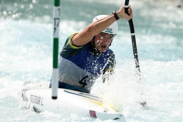 Lucien Delfour of Team Australia competes during the Men's Kayak Slalom Semi-final on day seven of the Tokyo 2020 Olympic Games at Kasai Canoe Slalom...