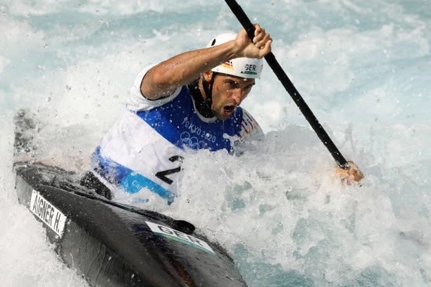 Hannes Aigner of Team Germany competes during the Men's Kayak Slalom Semi-final on day seven of the Tokyo 2020 Olympic Games at Kasai Canoe Slalom...