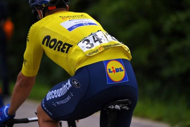 Detail view of Álvaro José Hodeg Chagui of Colombia and Team Deceuninck - Quick-Step Yellow Leader Jersey during the 33rd Tour de l'Ain 2021, Stage 2...